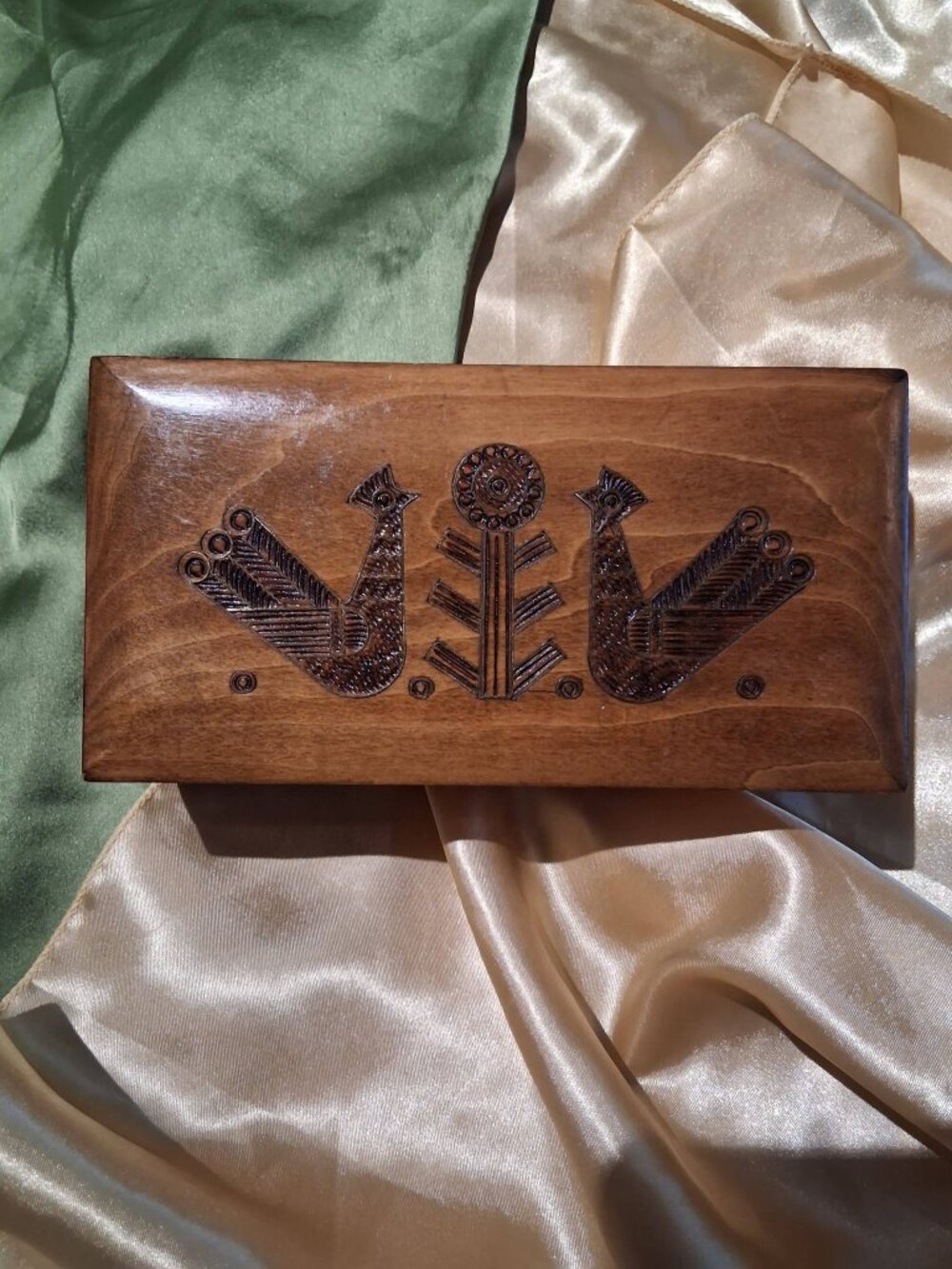 Vintage Scandinavian Folk Art Wooden Music Box Pyrography Birds Tree Design